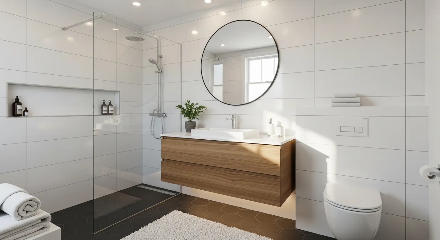 Modern bathroom renovation featuring a floating timber vanity, frameless glass shower, large-format wall tiles, and contemporary round mirror.