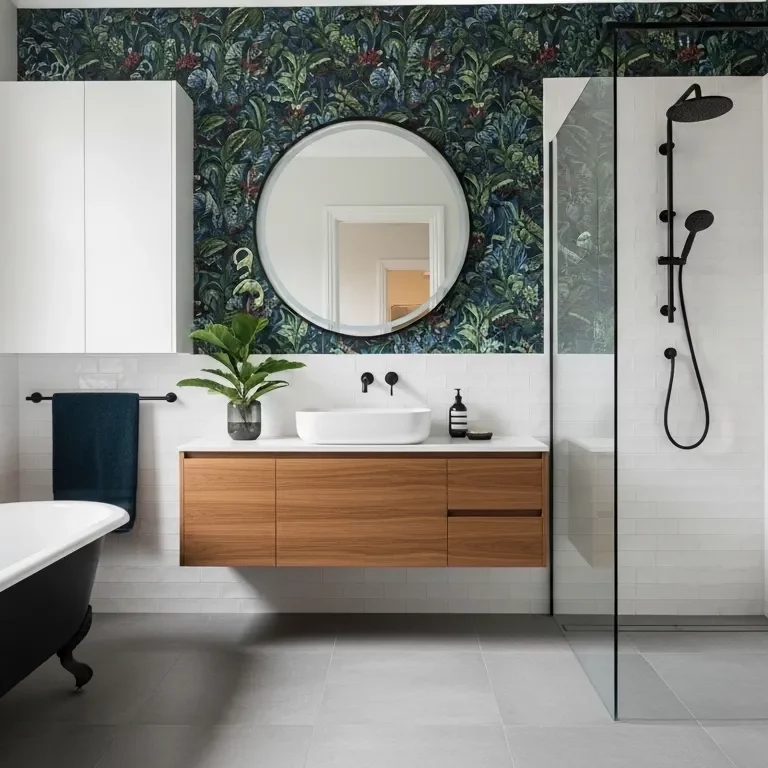 Luxury bathroom renovation featuring a freestanding clawfoot bathtub, custom timber vanity, walk-in shower, and designer feature wallpaper.